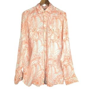 M Linen Ocean & Coast Womens Peach Coral White Tropical Palm Button Down Shirt